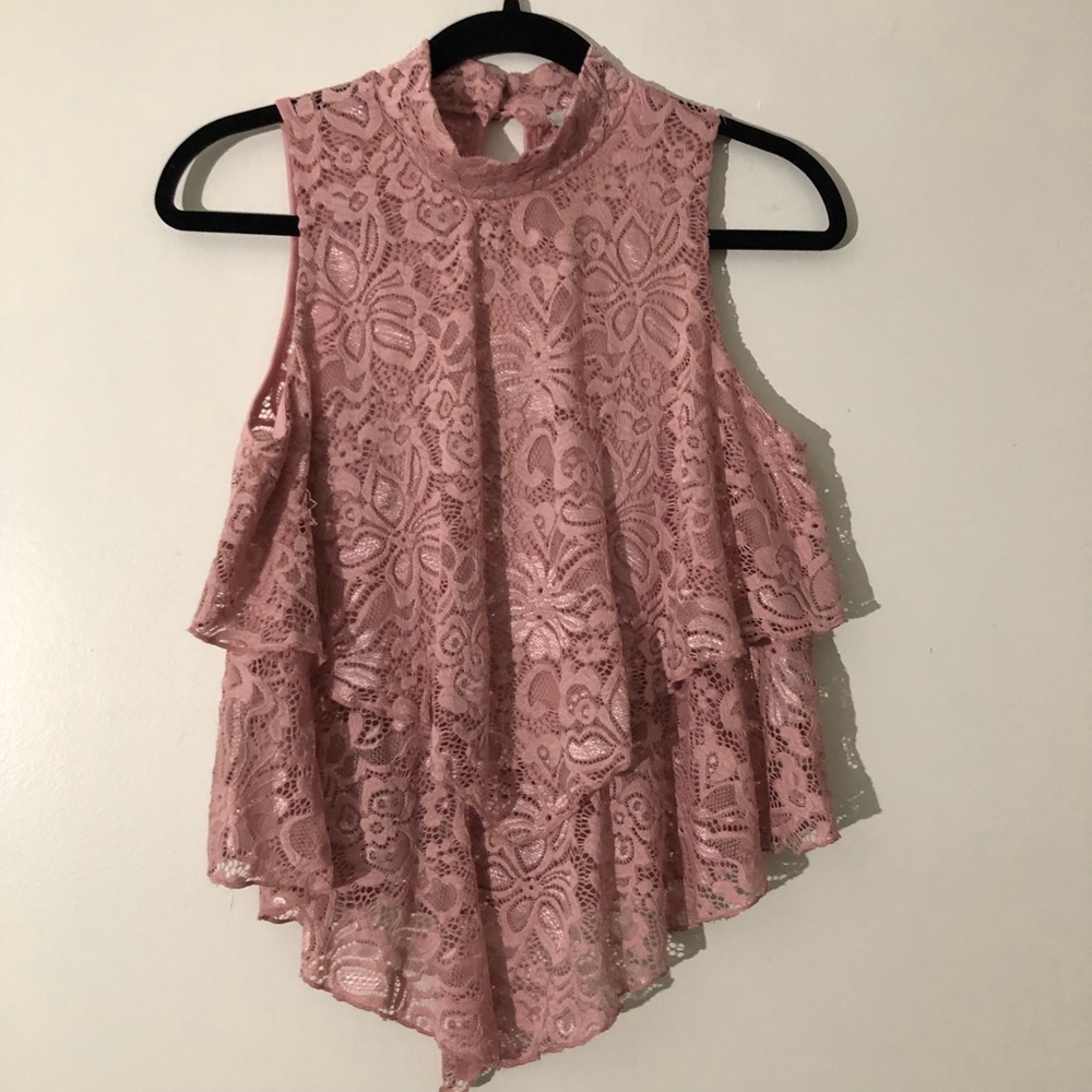 Papaya Women’s Pink Lace Mock Neck Sleeveless Ruffle Top Size Medium